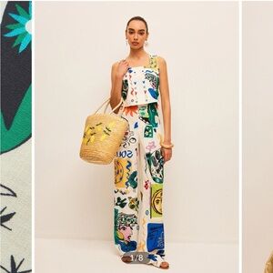 Commense Graphic Print Crop Top Wide-Leg Pant Set